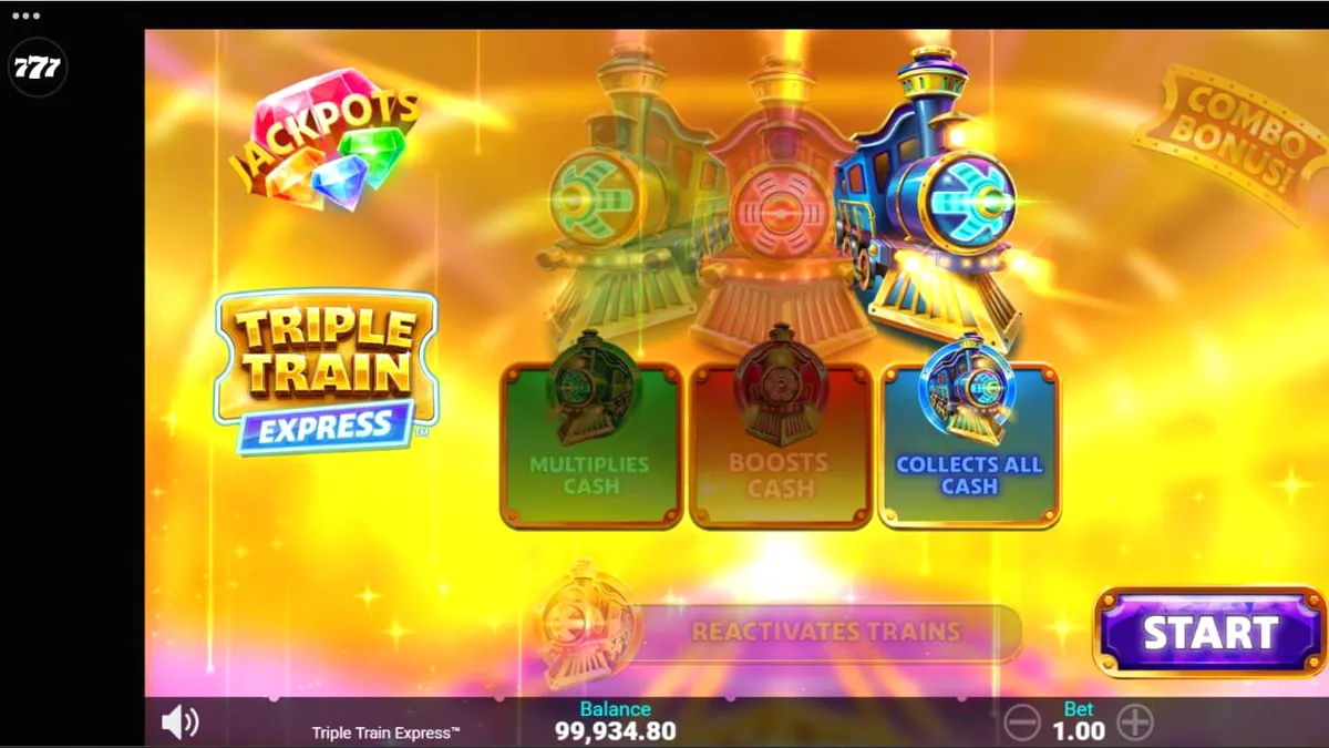 Tampilan visual futuristik dari slot Triple Train Express dengan nuansa neon