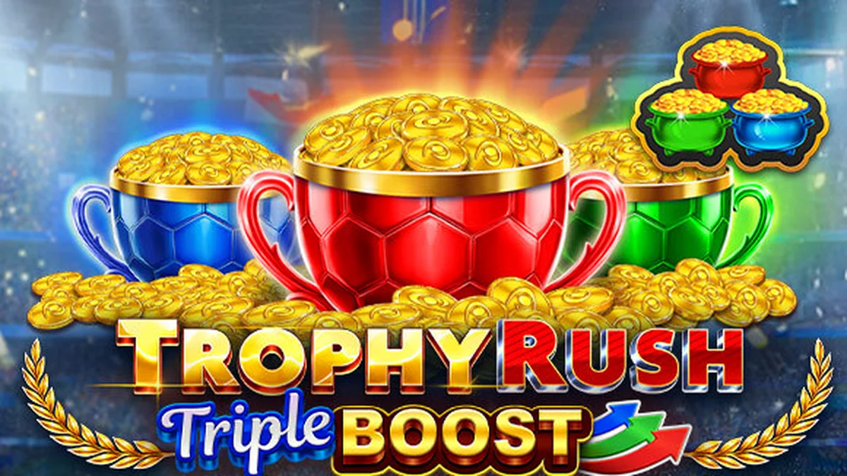 Tampilan visual slot Trophy Rush Triple Boost dengan tema stadion dan koin emas